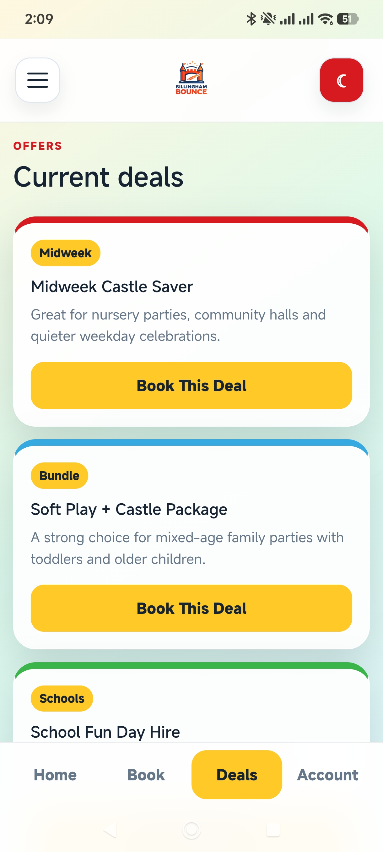 Billingham Bounce app deals screen showing current app offers.