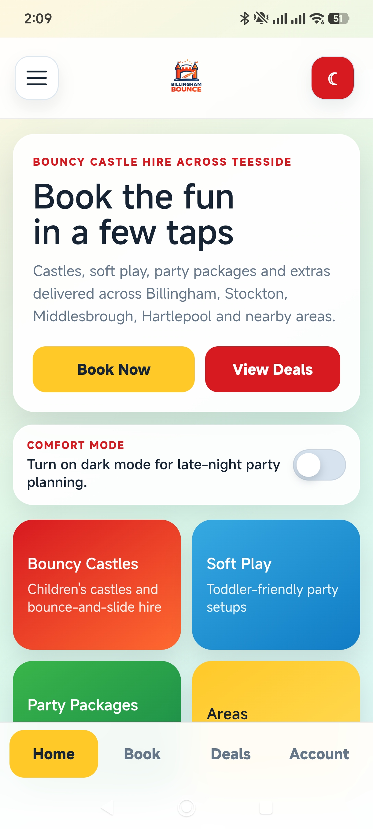 Billingham Bounce app home screen showing booking buttons and party hire categories.